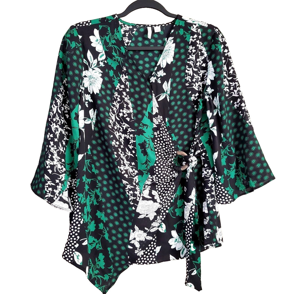 C est Cato Womens Faux Wrap Top Size S Green Black Floral Asymmetric 3/4 Sleeve